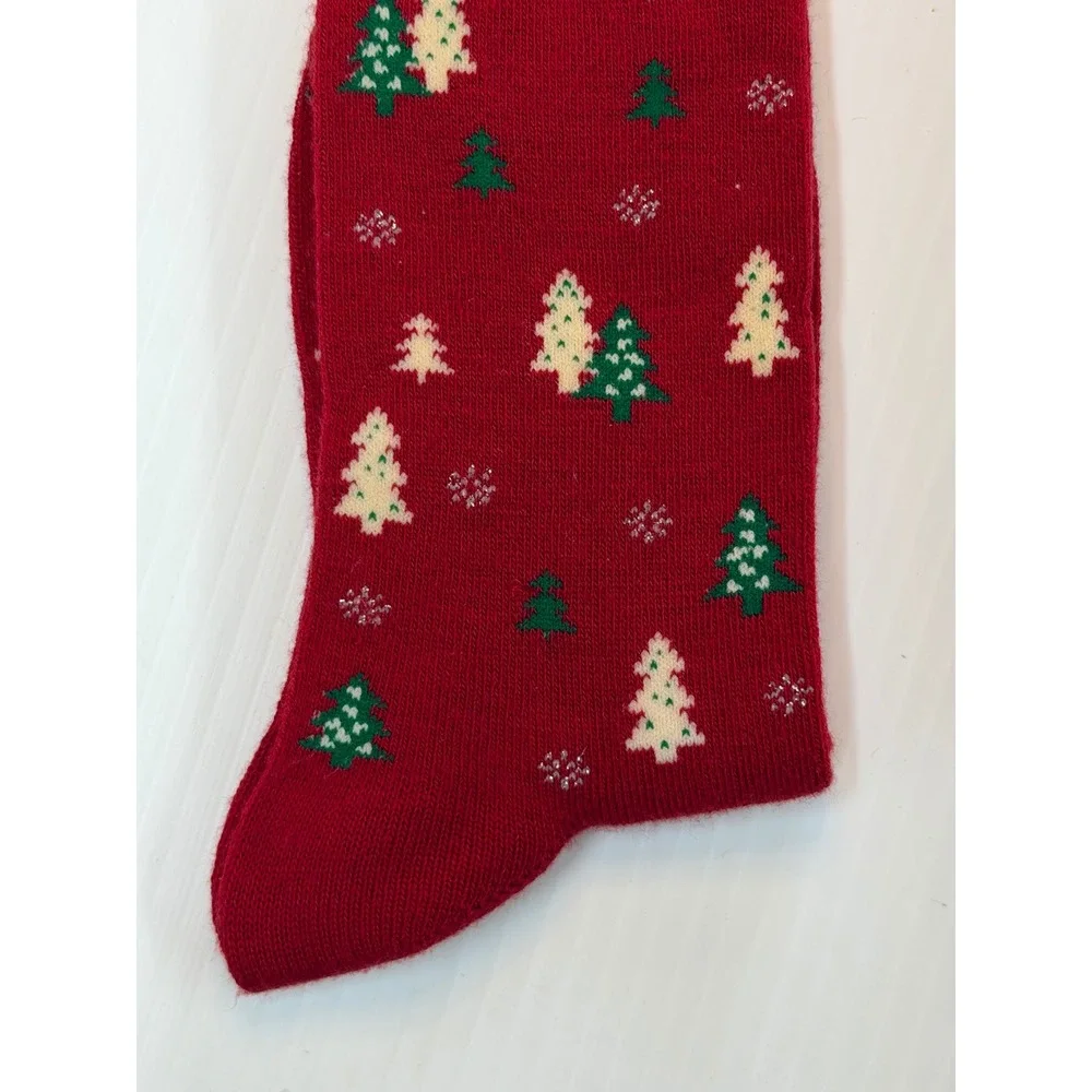 Happy Holiday Socks Red Christmas Tree Snowflake Festive Knit Crew Women OS 4-10